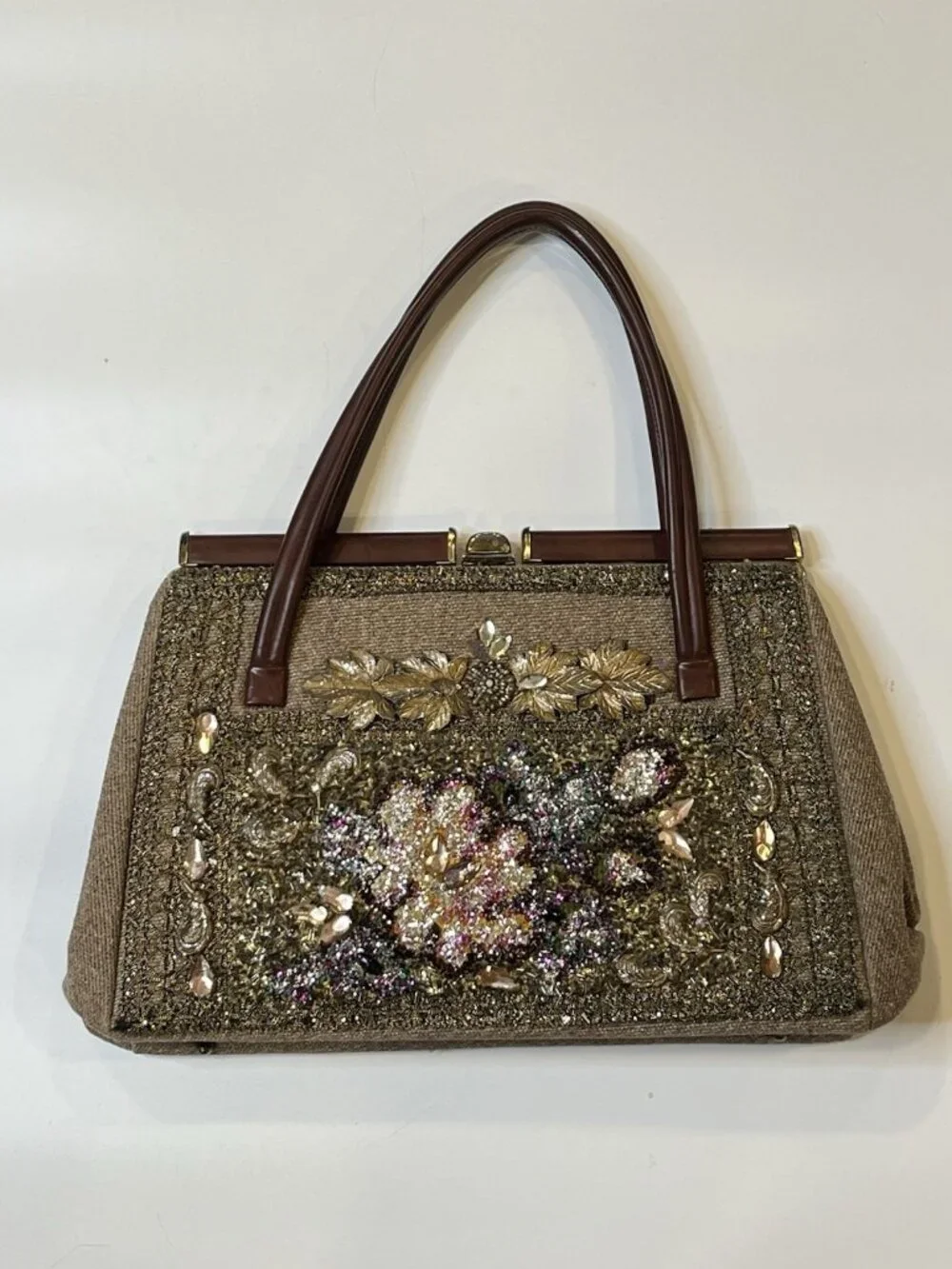 Vtg Beaded Floral Tapestry Handbag Frame Purse Top Handle Evening 1960s